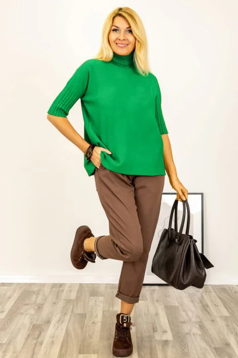 Pulover versatil cu maneci scurte ribbed si guler inalt, din vascoza, verde