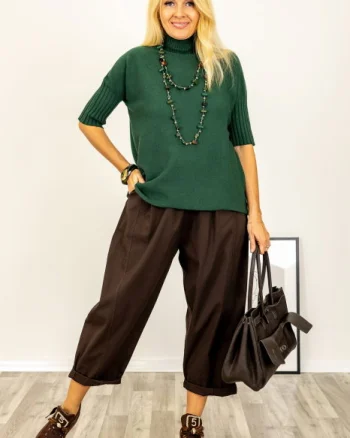 Pulover versatil cu maneci scurte ribbed si guler inalt, din vascoza, verde inchis