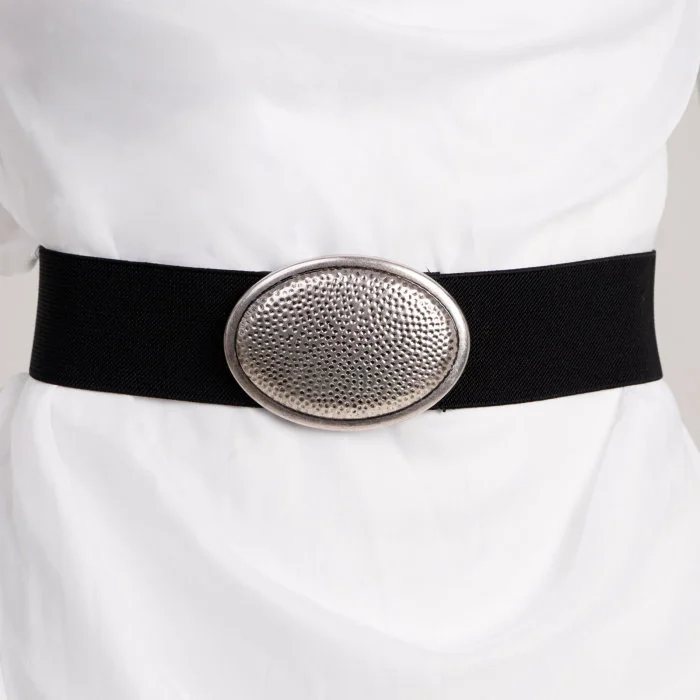Curea neagra elastica cu catarama tip pafta, ovala texturata argintie