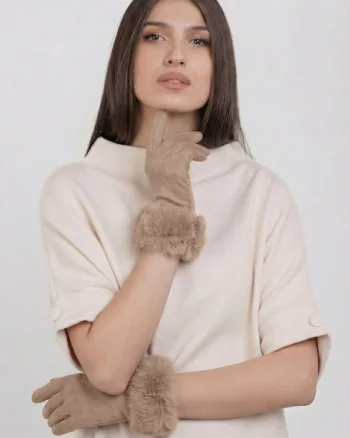 Manusi dama din material textil catifelat cu blanita naturala de iepure, bej