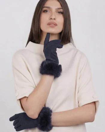 Manusi dama din material textil catifelat cu blanita naturala de iepure, bleumarin