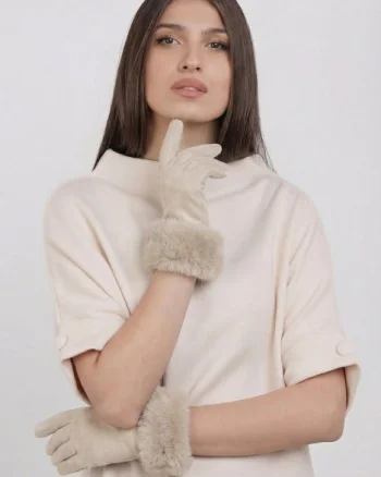 Manusi dama din material textil catifelat cu blanita naturala de iepure, ivory