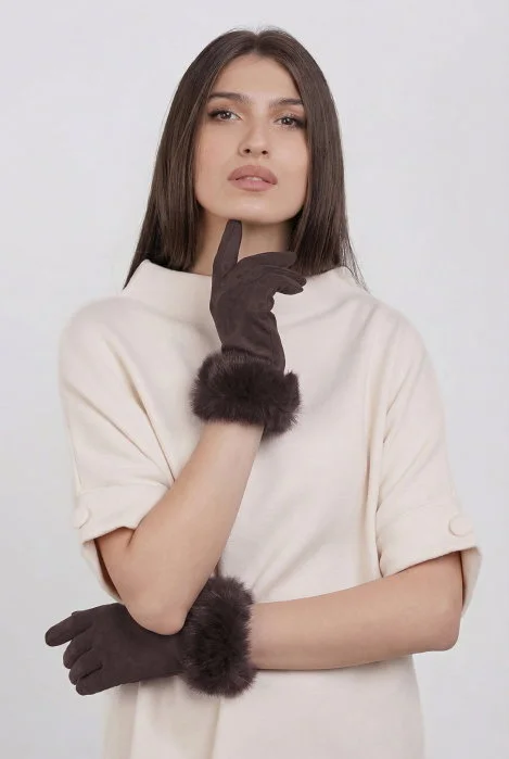 Manusi dama din material textil catifelat cu blanita naturala de iepure, maro