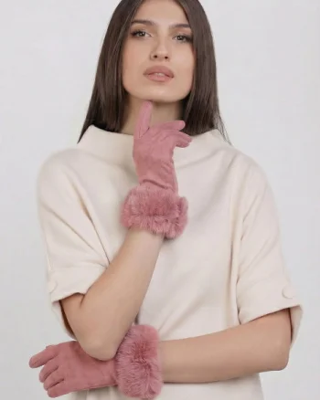Manusi dama din material textil catifelat cu blanita naturala de iepure, roz prafuit