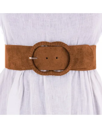 Curea din piele intoarsa ecologica cu catarama imbracata si elastic la spate, camel