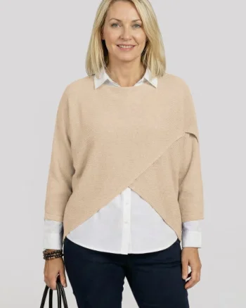 Pulover tip poncho petrecut asimetric, bej
