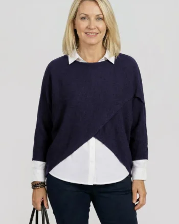 Pulover tip poncho petrecut asimetric, bleumarin