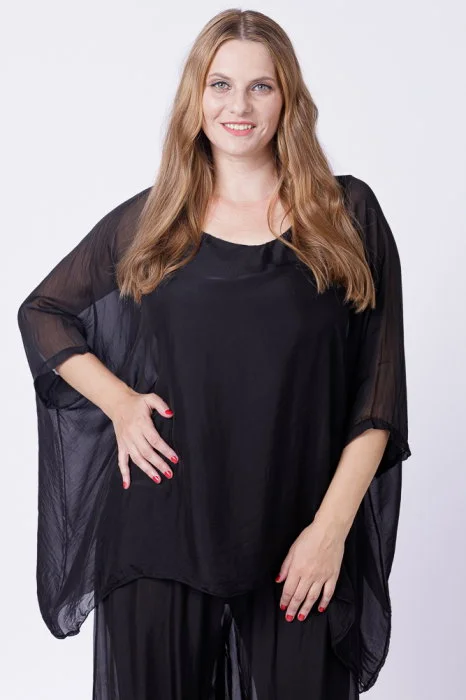 Bluza din matase si vascoza in colturi, neagra