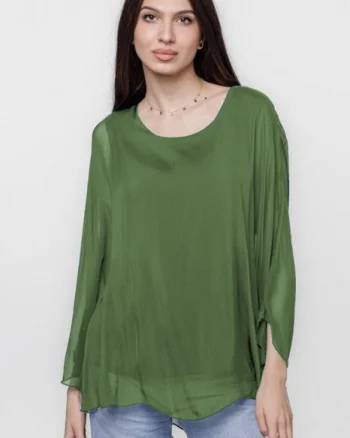 Bluza din matase si vascoza cu maneca clopot, verde oliv