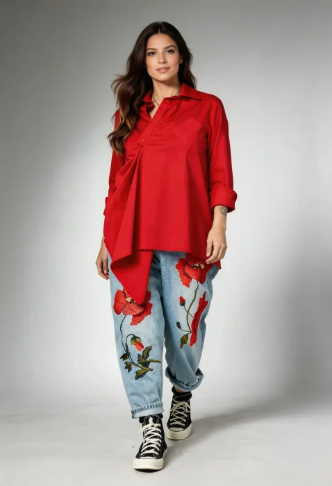 Jeans Denim Brodati cu Maci Rosii 3D ,   Piesa Statement