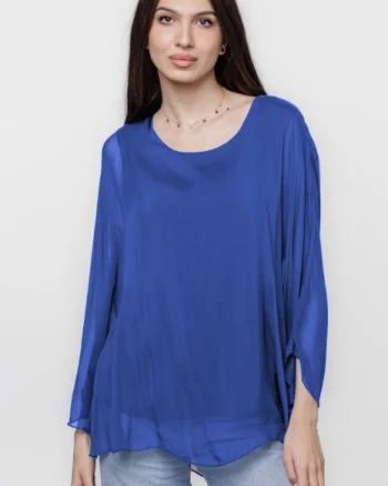 Bluza din matase si vascoza cu maneca clopot, albastru electric