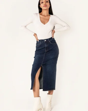 Fusta albastru inchis de denim cu slit frontal P215 M10