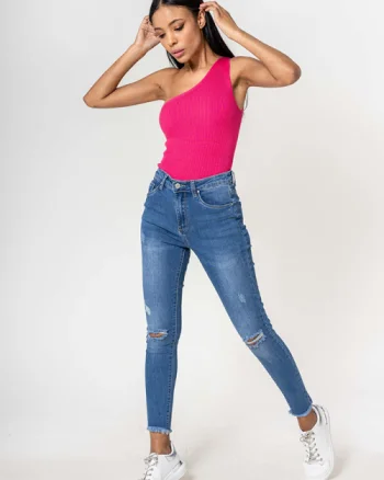Blugi slim dama cu detalii rupte, Albastru P501-5 M10