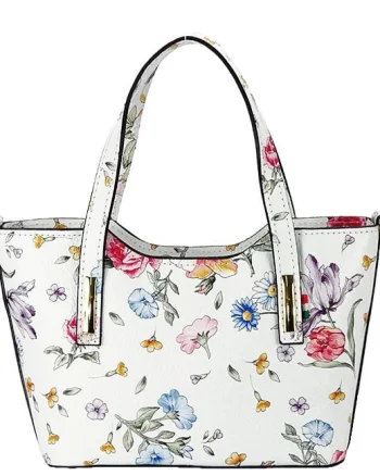 Geanta alba din piele naturala cu imprimeu floral 8904 131