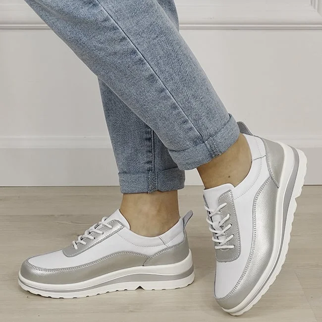 Sneakers albi argintii din piele naturala 5090 M6