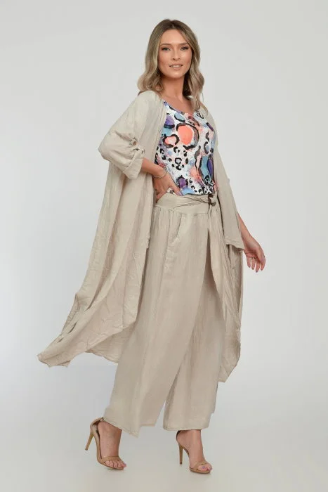 Compleu bej din in - blazer cu pantaloni - OUTFIT VARA