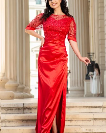 Rochie de seara Sophia rosie din tafta cu bust din paiete