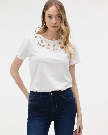 Tricou cu aplicație din dantelă ORSAY alb - L