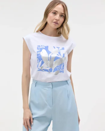 Tricou cu print frunze ORSAY alb - XL