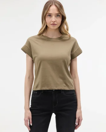 Tricou bumbac cu decolteu rotund și model perforat ORSAY kaki - XS