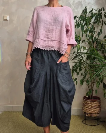 Pantaloni oversize gri denim cu croiala ampla si buzunare