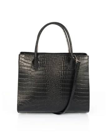 Geanta tote de piele cu model piele de crocodil, Negru