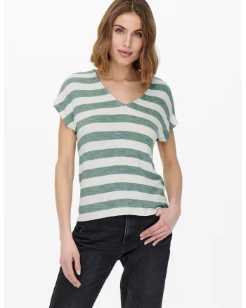 Tricou in dungi cu decolteu in V, Alb/Verde