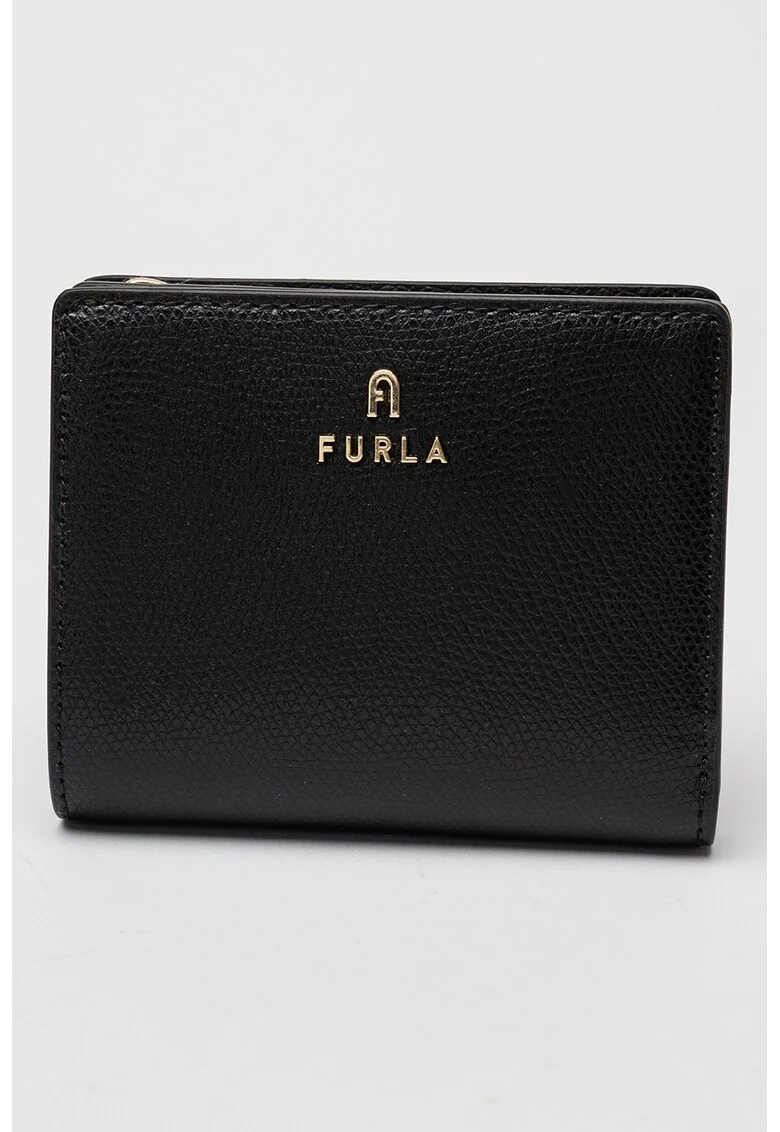 Portofel mic de piele cu aplicatie logo metalica Camelia, Negru