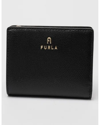 Portofel mic de piele cu aplicatie logo metalica Camelia, Negru
