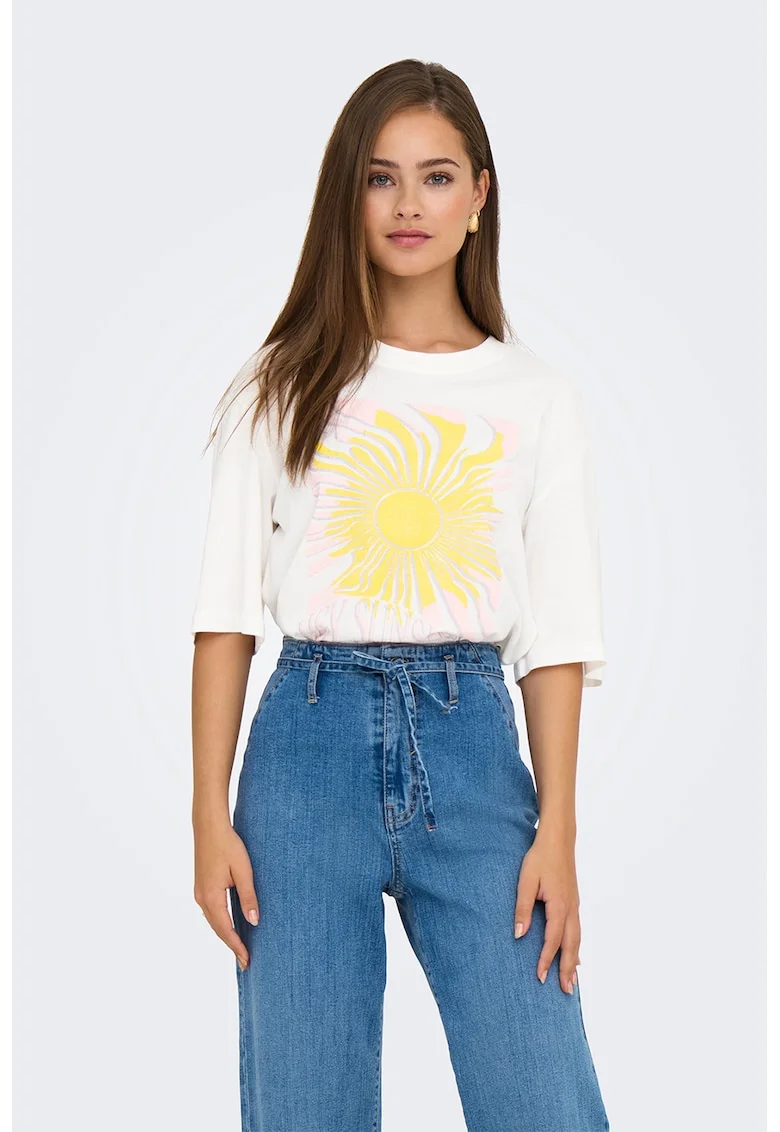 Tricou lejer cu imprimeu grafic, Alb/Galben