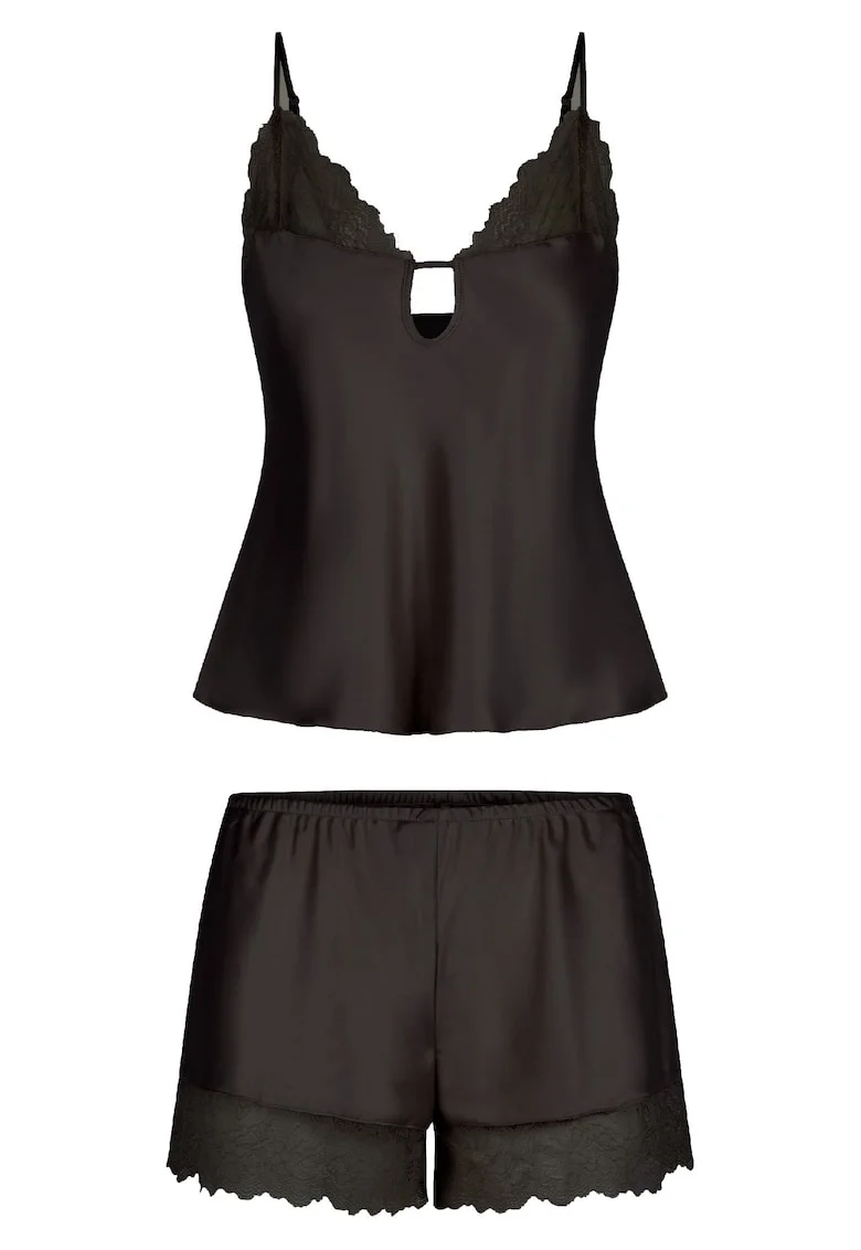 Pijama fara maneci, cu insertii de dantela, Negru