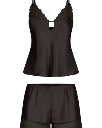 Pijama fara maneci, cu insertii de dantela, Negru