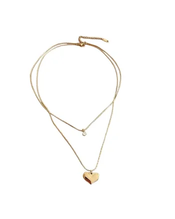 Colier auriu, in 2 straturi, din otel inoxidabil, cu inima si piatra zirconiu, suflat cu aur 18k, Rainer C5