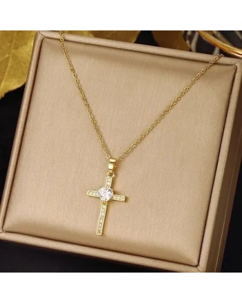 Colier auriu, din otel inoxidabil, suflat cu aur 18k, cu cruciulita si pietre din zirconiu, Indira C4