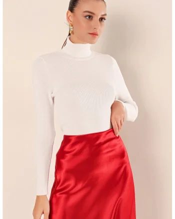 Pulover dama,  guler inalt, nervuri, tricot, Alb,