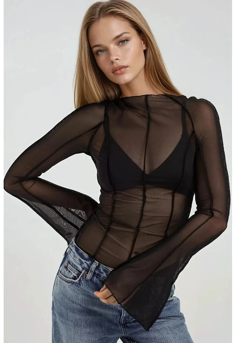 Bluza dama,  maneca lunga, jerseu, negru transparent