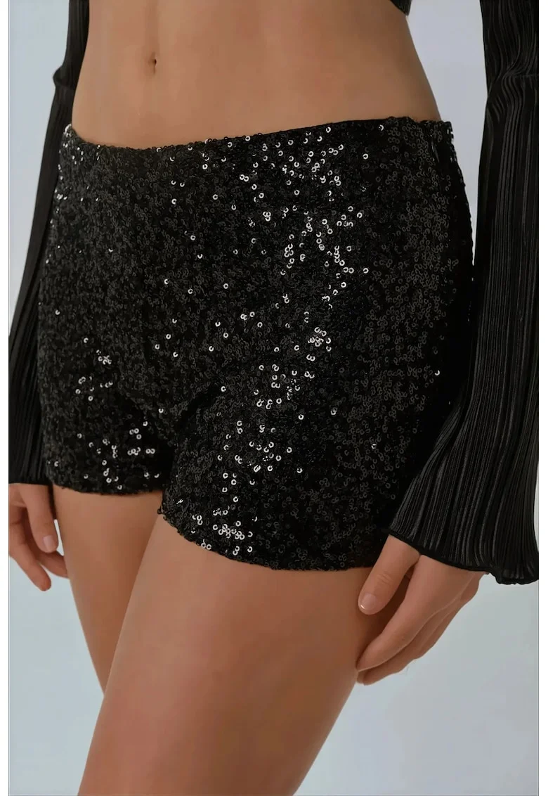 Pantaloni dama  pantaloni scurti cu paiete, talie normala, slim, Negru