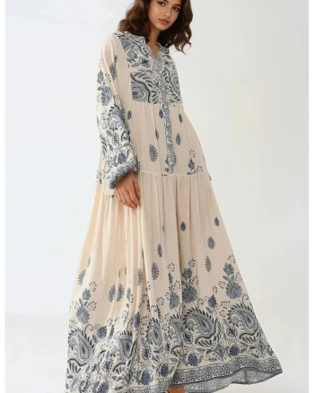 Rochie maxi,  decolteu in V, albastra, material textil