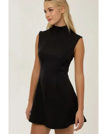 Rochie mini,  decolteu inalt, neagra, textil