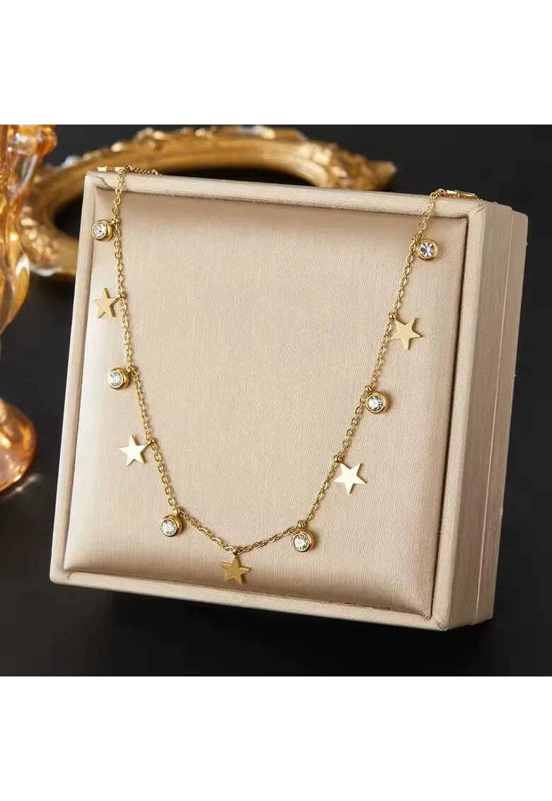 Colier auriu, din otel inoxidabil, suflat cu aur 18k, cu stelute si pietre din zirconiu, Edia C1