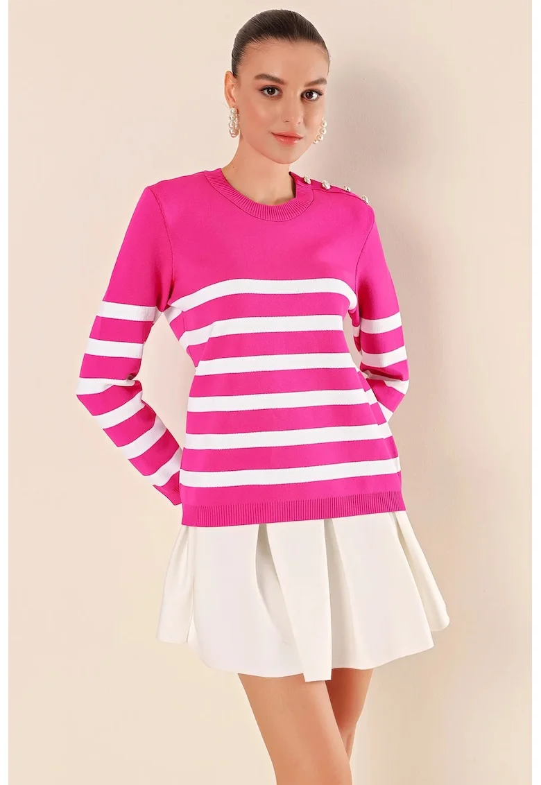 Pulover dama  guler rotund, dungi, detaliu cu nasturi, acrilic, Roz magenta,