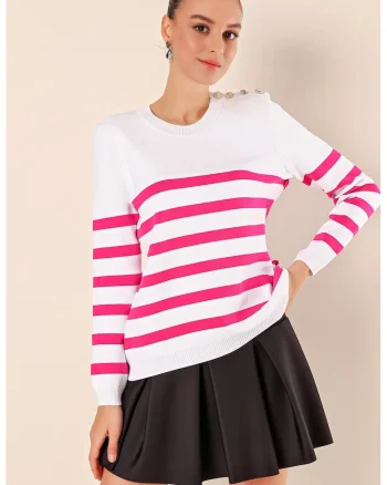 Pulover dama,  cu guler rotund, dungi, tricot, Roz aprins,