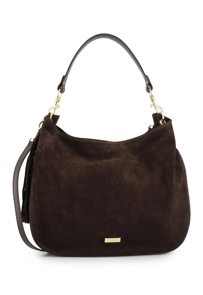 Geanta shopper  din zamsz natural, maro, 33x43x10cm, cu manere si curea detasabile
