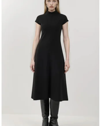 Rochie midi,  model mireasa, guler inalt, maneca scurta, negru, textil