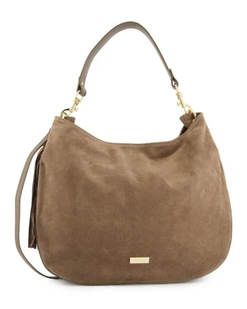 Geanta shopper  piele intoarsa, maro, 33x43x10cm, detalii aurii, curea detasabila 117cm