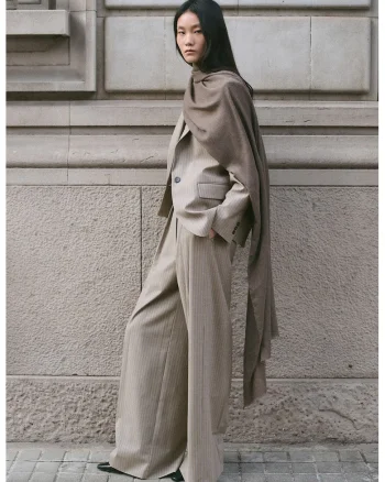 Pantaloni din amestec de lana cu dungi, Maro deschis/Albastru deschis