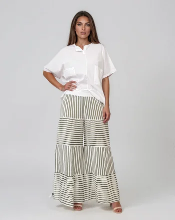 Fustă-pantalon din in cu dungi și croială etajată verde - Unica S-L