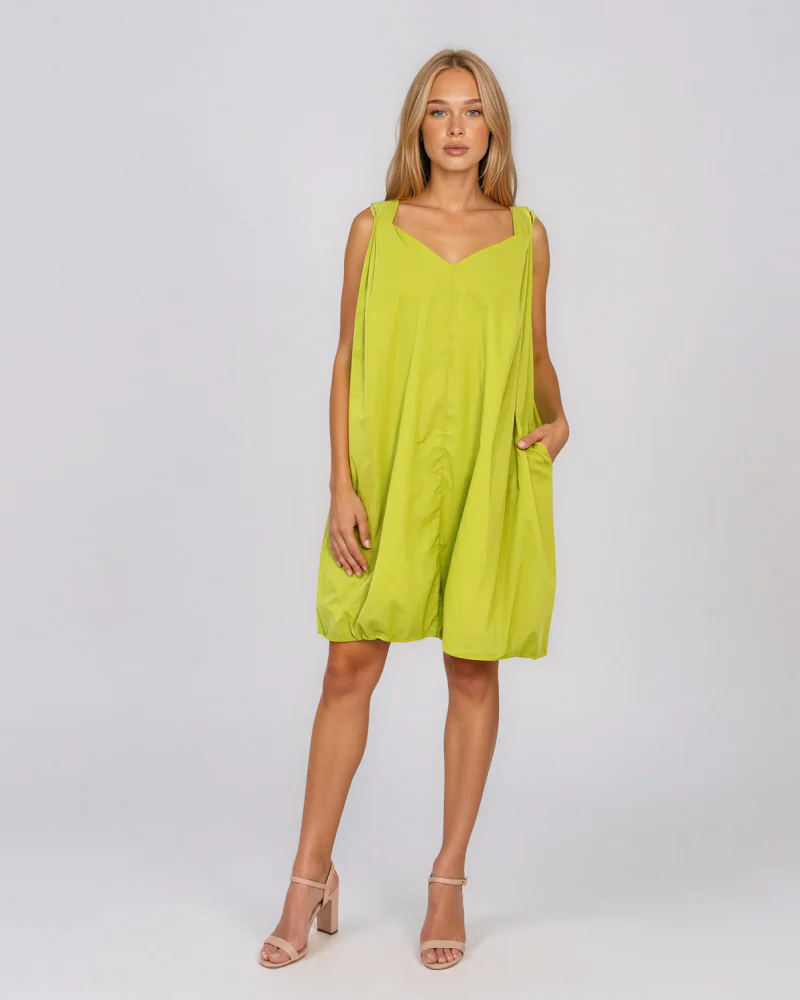 Rochie scurtă tip balon din bumbac cu buzunare vernil - Unica S-L
