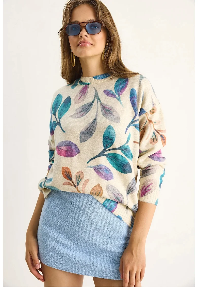 Pulover dama,  Pulover tricotat cu model floral, tricot, Multicolor,