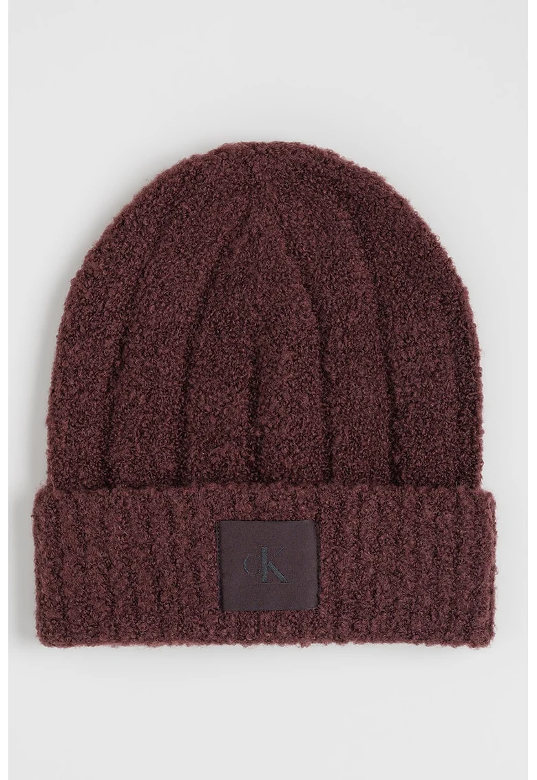 Caciula din amestec de lana cu model boucle si aplicatie monograma, Maro inchis
